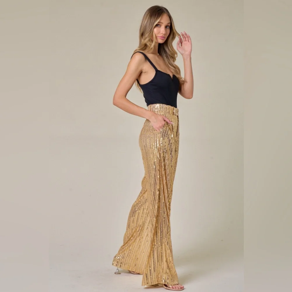 ✨ NEW Structured Wide-Leg Gold Sequin Pants | Glam Party Trousers ✨ - Picture 5 of 11